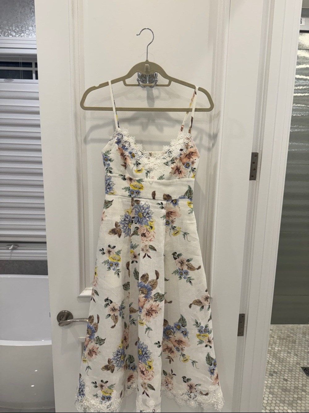 Zimmerman Floral Lace Trim Spaghetti Strap Midi Dress - White Multi